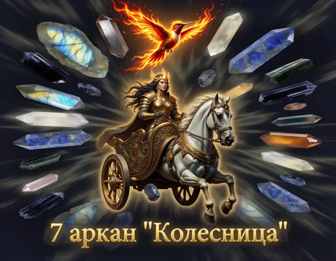 Женщина в золотых доспехах на колеснице с белой лошадью в окружении кристаллов лазурита, лабрадорита и огненной колибри, 7 аркан.